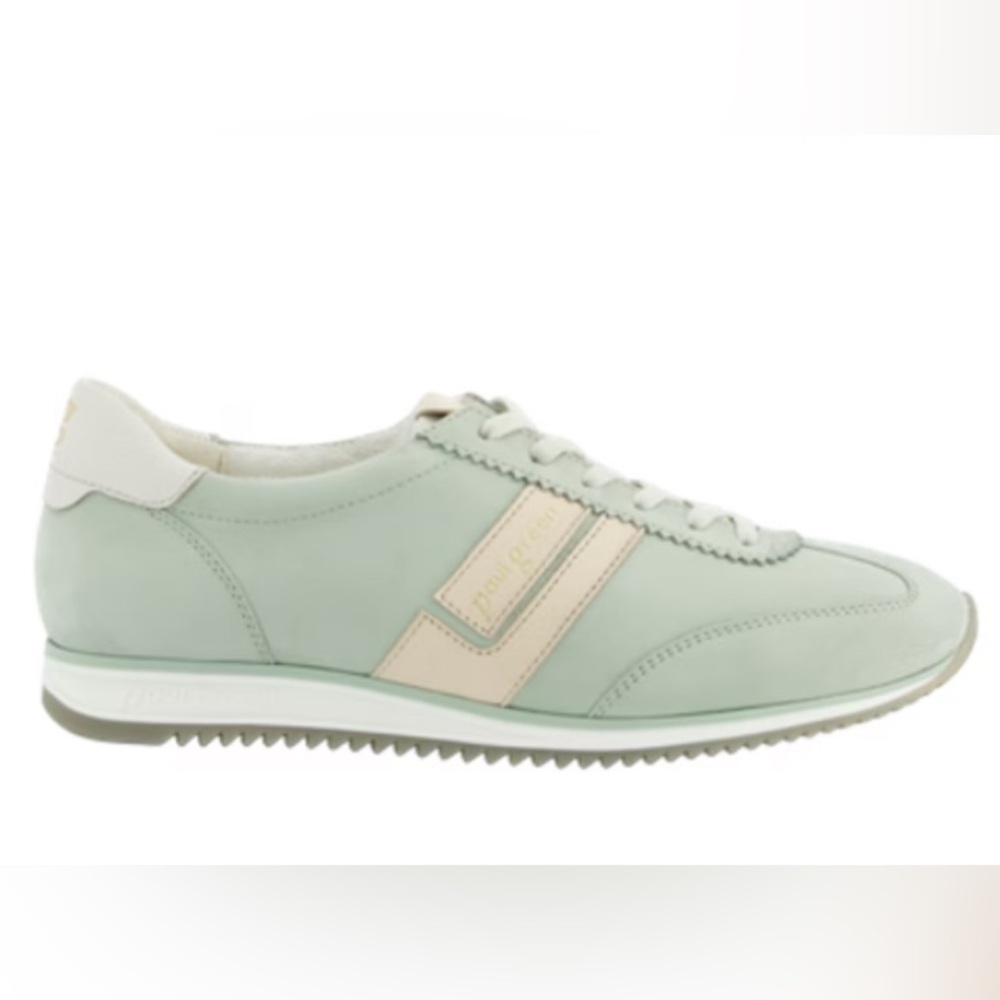 Leather Sneaker. Color: Green cream combo suede leather Women’s US sizes